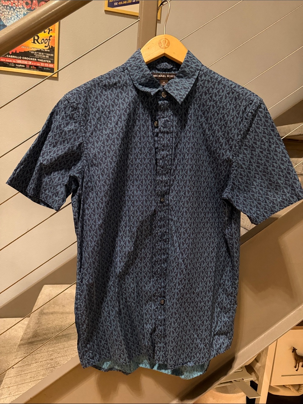 Michael Kors MK Monogram Logo Print Short Sleeve Button-Up Shirt Blue Men’s XS